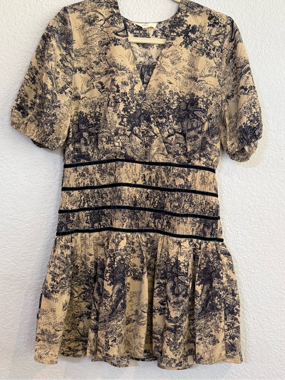 Entro Toile Print Puff Sleeve Mini Dress L